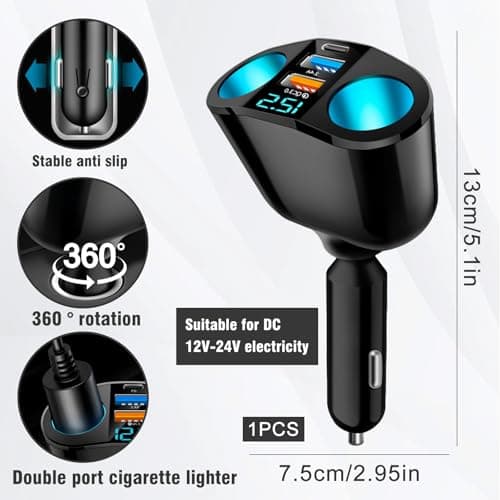USB Car Cigarette Lighter Charger, Double Cigarette Lighter Socket 12 V, 20 W Quick Charge 3.0 Dual USB Car Charger with LED Voltmeter for Mobile Phone GPS Dash Cam and More - Image 3