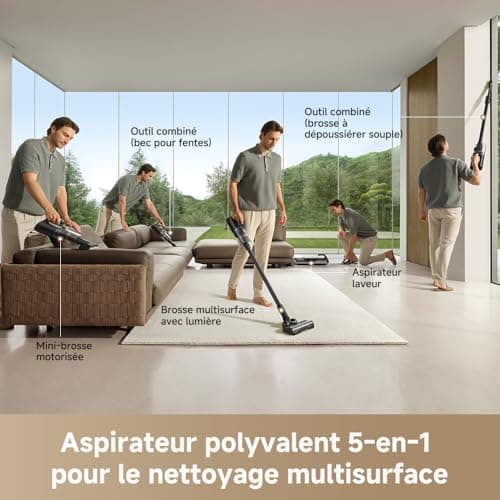 dreame H14 Dual Aspirateur Laveur 5-en-1, à Rapport Intelligent, Modèle à Plat, Lavage à de Brosse à 60 °C, Séchage à 60 °C en 5 Min, GlideWheel, 18 kPa, Racleur Démêlant, Tête de Brosse à LED - Image 3