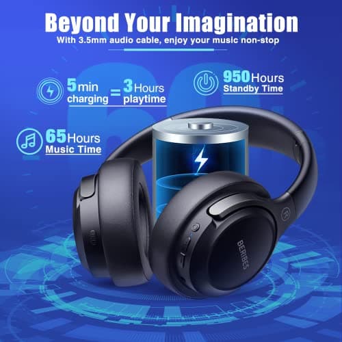 BERIBES Casque Bluetooth sans Fil - Durée de Lecture : 65 h -avec Micro 6 Modes EQ - Style Around-Ear - avec Microphone - pour iPhone/iPad/Android/Ordinateurs Portables - Image 4