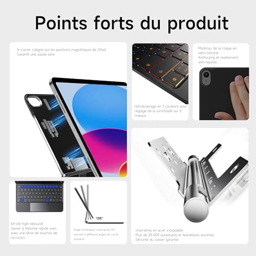 Keyboard Case for iPad A16 2025 & iPad 10th Generation 2022, 7 Colors Backlight, Multi-Touch Touchpad, Floating Magnetic Design, AZERTY Black - Image 4