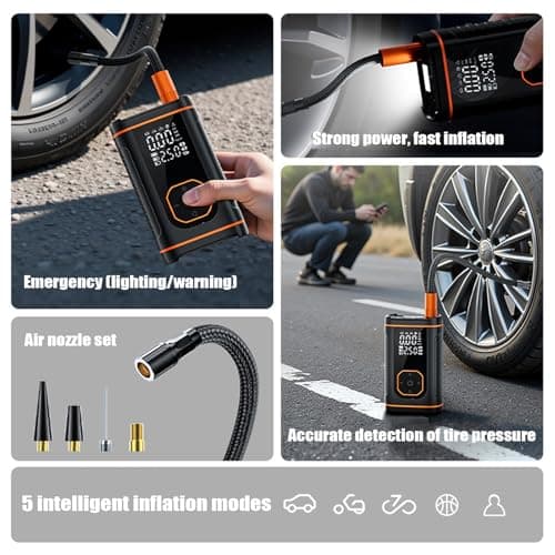 Compresseur de pneu portable - Rechargeable - Avec écran numérique - Accessoire automobile - Pompe à air et gonfleur - Pour motos, voitures, vélos, ballons et - Image 4