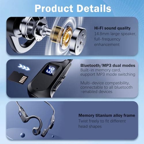Headphones Bone Conduction Bluetooth Wireless V5.2 HiFi Stereo with HD Mic Open Ear Headphones MP3 Player Sports Headset IPX5 Waterproof for Jogging Running Cycling Cycling 8h Autonomy - Image 4