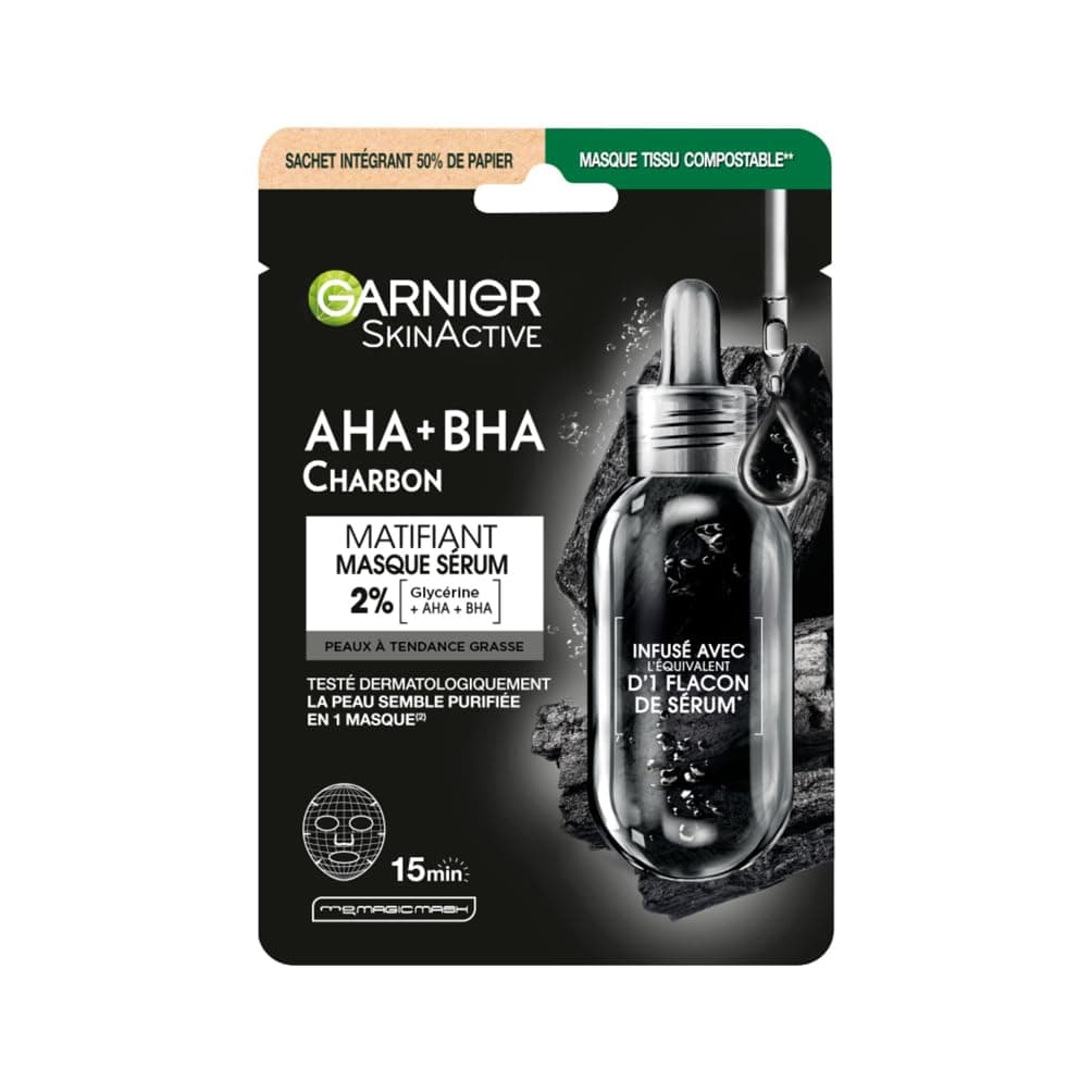 GARNIER Skin Active - Masque Visage Tissu Charbon Végétal - Réducteur De Pores & Hydratant - Charbon Pur, Acide Hyaluronique, LHA & Algue Brune - Vegan & Cruelty Free - Peaux Sensibles - x1 - Image 8
