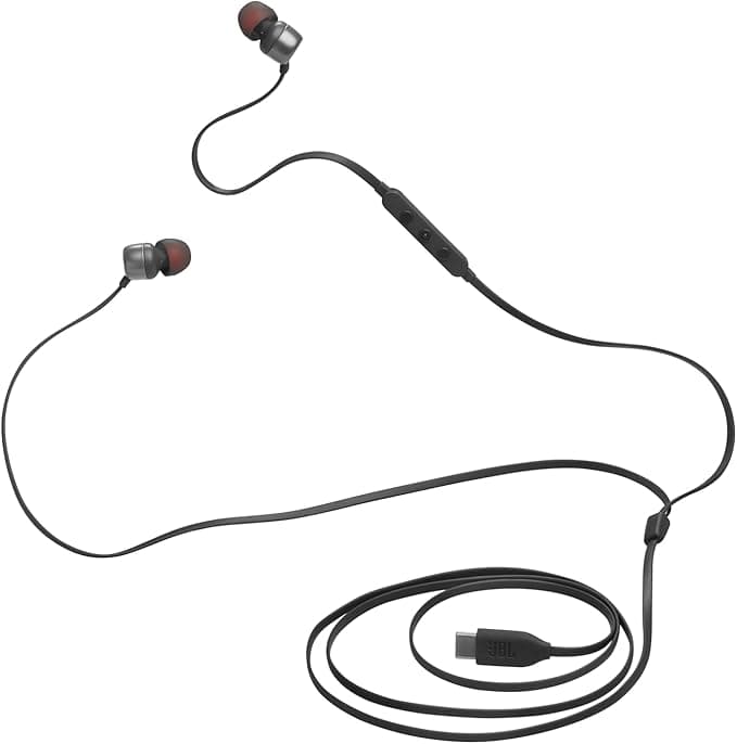 JBL Tune 310C Hi-Res Wired Earbuds, Pure Bass JBL Sound, USB-C Connection, Tangle-Free Flat Cable, Three-Key Remote with Microphone, Black