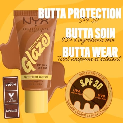 NYX Professional Makeup - Moisturising Foundation SPF30 - Long-lasting for up to 12 hours - 93% Care Ingredients - Vegan Formula - Buttermelt Glaze Tint - Shade: Chai Butta - 30 ml - Image 6