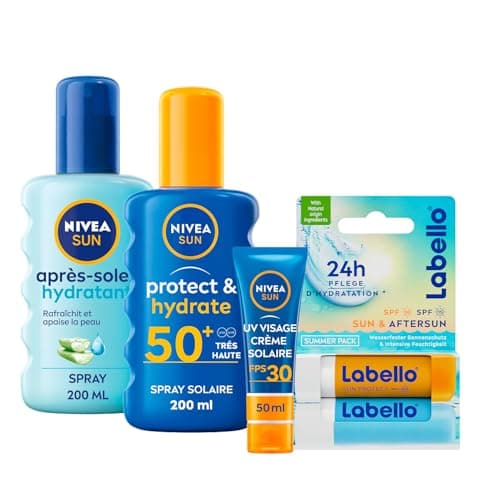 NIVEA SUN - Coffret Protection Solaire - Crème Solaire Visage FPS 30 (50 ml) + Spray Protect & Hydrate FPS 50+ (200 ml) + Spray Après Soleil (200 ml) + Duo Labello Sun & After Sun + Ballon De Plage - Image 2