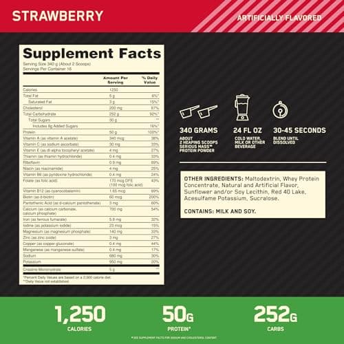 | Optimum Nutrition Serious Mass Strawberry Weight Gain Protein Powder || 12 lbs - Image 5
