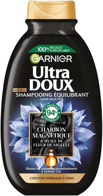 Garnier Ultra Doux Hydrating & Balancing Shampoo with Magnetic Charcoal & Black Seed Flower - For Normal to Oily Hair - 250 ml - Image 1