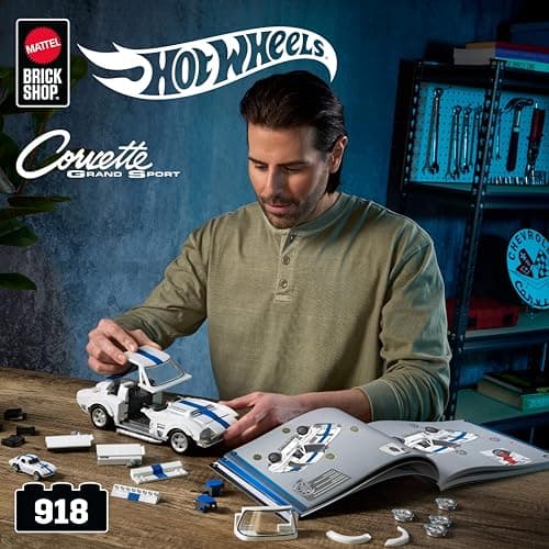 Mattel Brick Shop Hot Wheels Coffret de Construction Corvette Grand Sport, série Elite,918 pièces, pour Les collectionneurs, JGR31, Blanche - Image 3