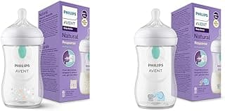 Philips Avent Biberon à Réponse Naturelle de 260 ml avec valve AirFree & Avent Biberon à Réponse Naturelle de 260 ml avec valve AirFree, sans BPA pour les bébés de 1 mois et +, motif éléphant