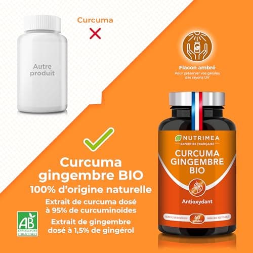 CURCUMA - Extrait de Curcuma BIO Titré à 95% en Curcuminoïdes - Avec Gingembre BIO - Anti Inflammatoire & Antioxydant - Douleurs Articulaires - Nutrimea - 60 Gélules Vegan - Fabriqué en France - Image 5