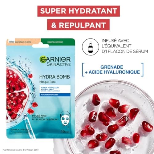 GARNIER Skin Active - Lot De 5 Masques Tissu Hydra Bomb - Visage & Yeux - Hydratation, Éclat & Nutrition - Acide Hyaluronique - Peaux Fatiguées, Ternes ou Désydratées - x5 - Image 3
