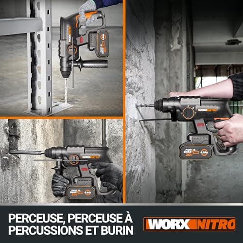 Pack WORX NITRO Cordless Brushless 20V WX381 2J 3 in 1 Drilling, Percussion, Chisel in All Materials, Anti-Vibration, Comes with 2 x 4Ah Batteries, Charger and Accessories - Image 4