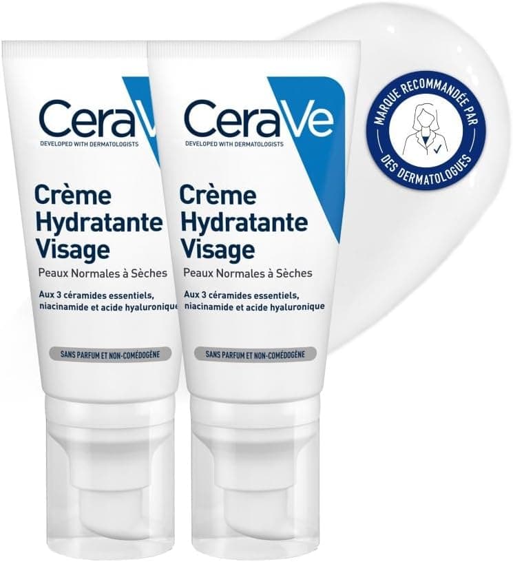 CeraVe - Crème Hydratante Visage - Hydrate 24h, Apaise & Répare - Diffusion Prolongée des Actifs - 3 Céramides Essentiels, Niacinamide, Acide Hyaluronique - Peau Normale à Sèche - 2 x 52 ml - Image 1