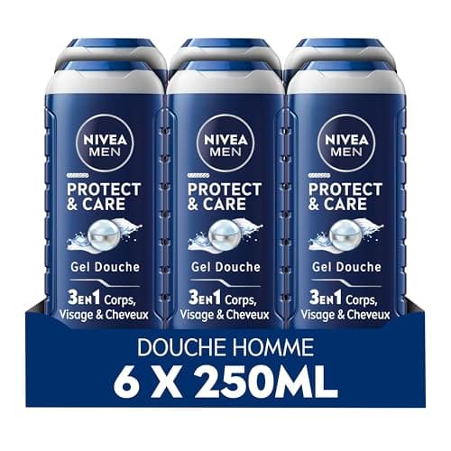NIVEA MEN Gel douche Protect & Care (lot 6x250 ml) — Soin lavant enrichi en Aloe Vera naturel — Gel douche homme 3 EN 1 — Soin nettoyant corps visage et cheveux à la formule hydratante - Image 2