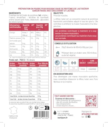 Nutripure | Whey Isolate Native Powder | Milk Protein Food Supplement | Muscle Development & Bodybuilding | 85% Protein, 19% BCAA, 40% EAA | Strawberry | 750g | France - Image 8