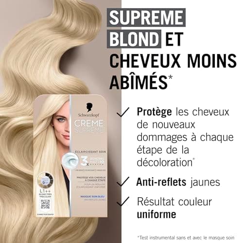 Creme Supreme - Schwarzkopf - Coloration Permanente - Resultat Uniforme - Pre-serum - Eclaircissant - Masque Soin Bleu - Anti-Reflet Jaunes - Decolore jusqu'à 9 tons - L1++ - Blond Très Très Clair - Image 7