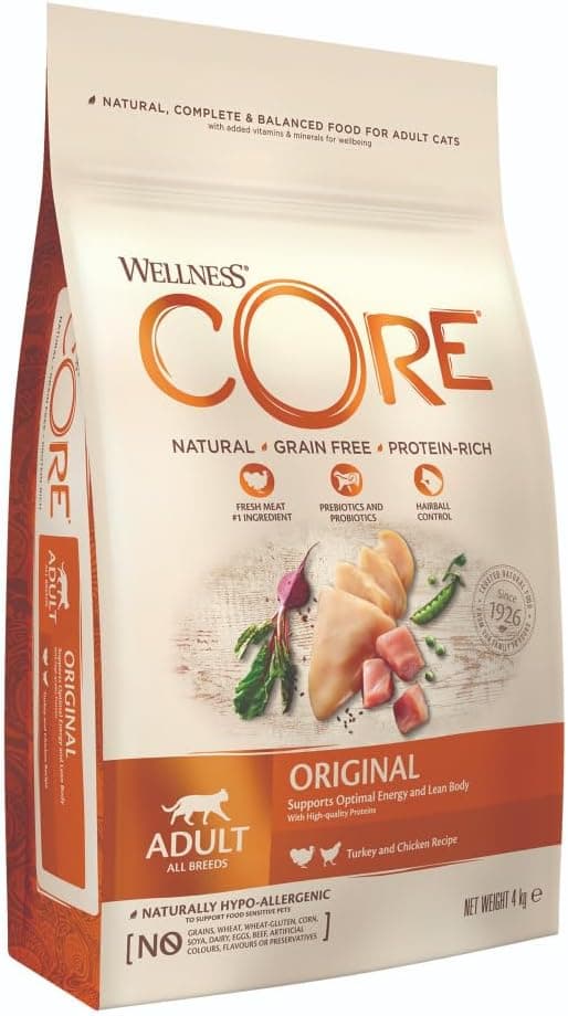 Wellness CORE Original 4 kg, Chicken/Turkey – Dry Food for Adult Cats, 100% Natural, Hypoallergenic, Rich in Meat