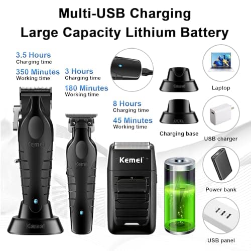 KEMEI Professional Hair Clippers for Men, Cordless Barber Clipper & Beard Trimmer/T Hair Trimmer, Aluminum Electric Razor Hair Cutting Kit for Men - Image 7