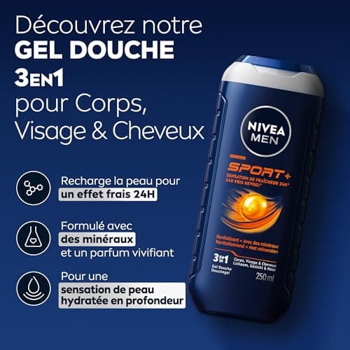 Nivea Men Sport+ Shower Gel 3 in 1 Body Face Hair – 250 ml Bottle - Image 4