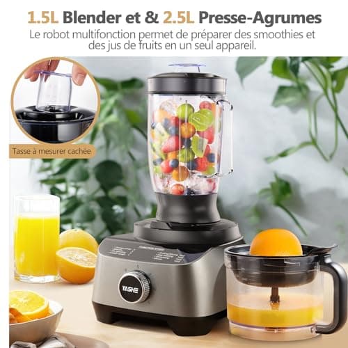 YASHE Robot Cuisine Multifonctions – Blender, Mixeur, Moulin, Presse-Agrumes, Pétrin avec Bol de 2,5L et Blender de 1,5L, 1300W, 3 Vitesses, Fonction Pulse, Verrouillage de Sécurité - Image 4