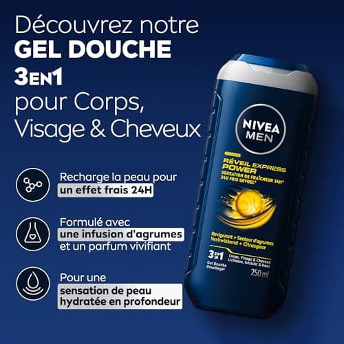 NIVEA MEN Gel douche Réveil Express Power (1 x 250 ml) — Soin lavant vivifiant enrichi en Infusion d'Agrumes — Gel douche homme 3 EN 1 — Soin nettoyant Corps Visage & Cheveux Effet Frais 24H - Image 3
