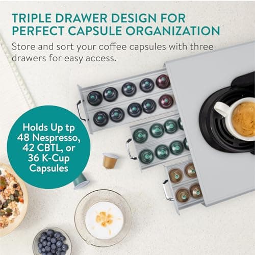 Navaris Coffee Capsule Drawer – Coffee Machine Pod Holder Compatible with Nespresso CBTL K-Cups with 3 Drawers – Storage Pods 48 Capsules – Grey - Image 4