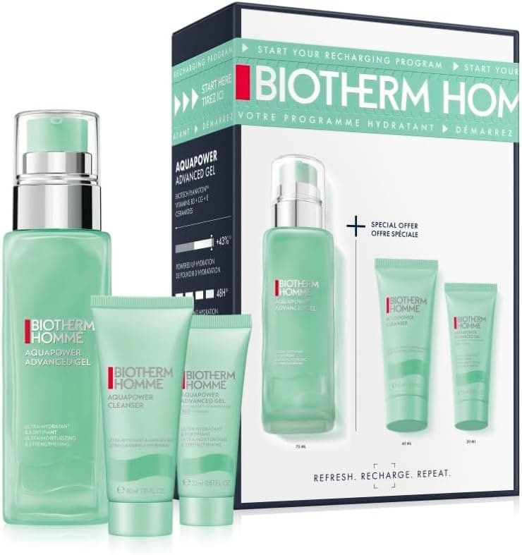 Biotherm Men's Aquapower Routine Hydration Set, Advanced Gel 75 ml & 20 ml + Face Wash 40 ml, Ultra-Moisturising and Fortifying Face Gel, Normal to Combination Skin, Non-Sticky Texture