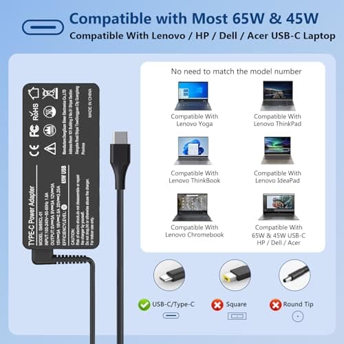 YBXYJQT 65W USB C Fast Charger Compatible with Lenovo Thinkpad X1 Carbon, T14, T15, T480, T490, T580, T590, E480, E490,Chromebook C330, S330, 100e, 300e, 500e,Yoga 720,910,920 Portable Adapter - Image 6