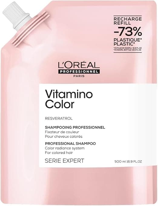 L'Oreal Professionnel Vitamino Color Fixing Shampoo for Men and Women 71% More Nourished Hair & 5 x Brilliance Antioxidant Coloured Hair Refill 500 ml