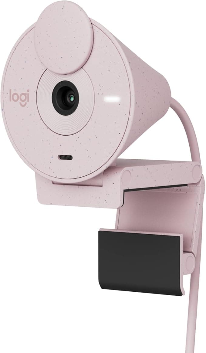 Google Logitech Brio 300 Full HD Webcam with Privacy, Noise Cancelling Microphone, USB-C, Certified for Zoom, Microsoft Teams, Google Meet, Auto Light Correction, Pink
