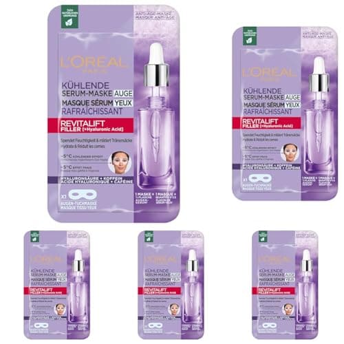 L'Oréal Paris - Eye Serum Tissue Mask - Moisturizing Anti-Wrinkle & Concealer for Eye Contour - With Pure Hyaluronic Acid and Caffeine - Revitalift Filler - 11g (Pack of 5) - Image 2