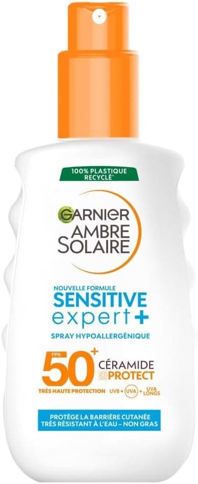 GARNIER Ambre Solaire Sensitive Expert+ - Spray Protection Solaire FPS 50+ - Protège des UVA, UVB Et UVA Longs - Résiste à L'eau - Enrichi en Céramides - Tous Types de Peaux - 150 ml - Image 1