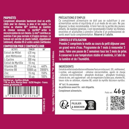 Biotin 10,000 µg GRANIONS, Food Supplement Hair, Skin, Nails - Vitamin B5, Biotin Millet, Cystine, Blueberry, Zinc, Selenium, Methionine - Vegan, Gluten Free, 60 Tablets Made in France - Image 6