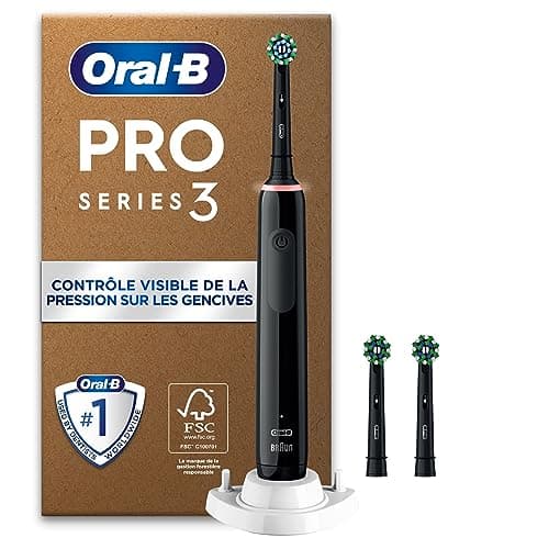 Oral-B Pro 3 Brosse À Dents Électrique Noire, Un Capteur De Pression Pour Protéger Les Gencives Sensibles, Des Accessoires, 3 Brossettes De Rechange, Douces Et Rondes, 1 Chargeur, Emballage En Carton - Image 3
