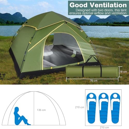 Camping Tent for 3-4 Person, Automatic Pop Up Tent with Double Doors Waterproof Windproof 3-4 Seasons Outdoor Tent for Family Trekking Camping Olive Green - Image 6