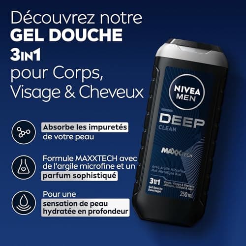 NIVEA MEN Gel Douche Deep Clean MAXXTECH (1 x 250 ml) — Soin lavant enrichi en argile microfine & technologie MaxxTech — Gel douche homme 3 EN 1 Corps Visage & Cheveux pour peaux à impuretés - Image 3