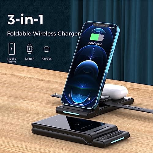 MMOBIEL Wireless Charging Stand Compatible with iPhone, Apple Watch and AirPods - 3-in-1 Foldable Fast Charger Compatible with Qi Magsafe Wireless Charging Stand for Phone - Black - Image 5