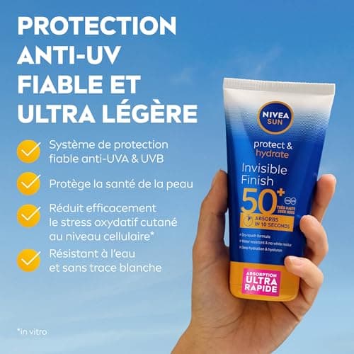 NIVEA SUN Lait Solaire Invisible Finish Protect & Hydrate SPF 50+ 150 ml — Crème Solaire résistante à l'eau — Protège et Hydrate — Haute Protection Visage et Corps - Image 3
