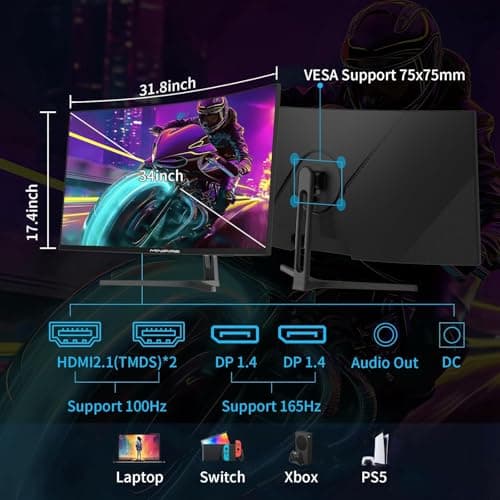 Minifire Curved 34 Inch Gaming Monitor, 2K UWQHD (3440x1440), 1ms MPRT, 165Hz(DP), 100Hz (HDMI), AMD FreeSync, Gaming Monitor 1500R, VA Panel, 2xHDMI 2.0/2xDP 1.4 Ports (MFG34C5Q DP Cable Included) - Image 4