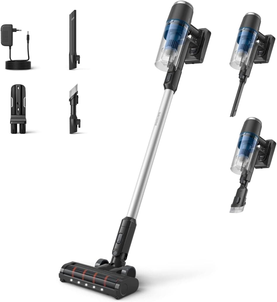 Philips Philips 3000 Series Cordless Vacuum Cleaner, Powerful Suction on Hard Floors, 60 Minute Runtime, LED Nozzle, Corner Tools and Handsets, Replaceable Battery, Lightweight (XC3032/01)
