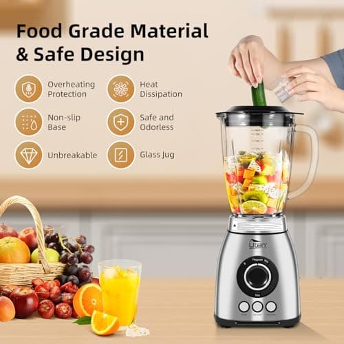 Uten Blender à Smoothie 2 L, Mixeur de Cuisine 1800 W, Glace Pilée, Smoothie, Impulsion et 18 Vitesses, Bocal en Verre, Boîtier en Acier Inoxydable, Lame à 6, Grains de Café Moulus - Image 6
