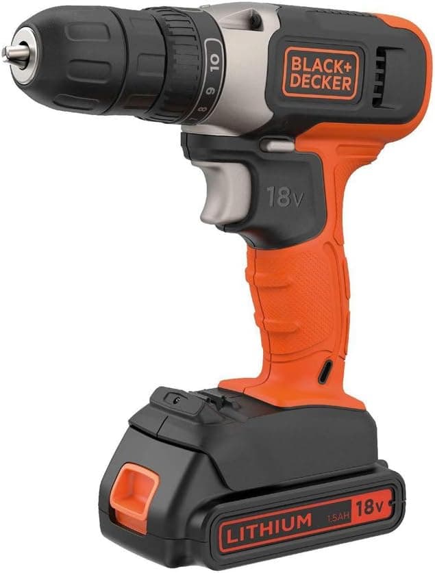 BLACK+DECKER 18V Cordless Drill Driver 37Nm Max Torque, 10 Clutch Positions, LED Work Light, 1.5Ah Battery and Charger, BCD001C1-QW