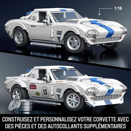 Mattel Brick Shop Hot Wheels Coffret de Construction Corvette Grand Sport, série Elite,918 pièces, pour Les collectionneurs, JGR31, Blanche - Image 4