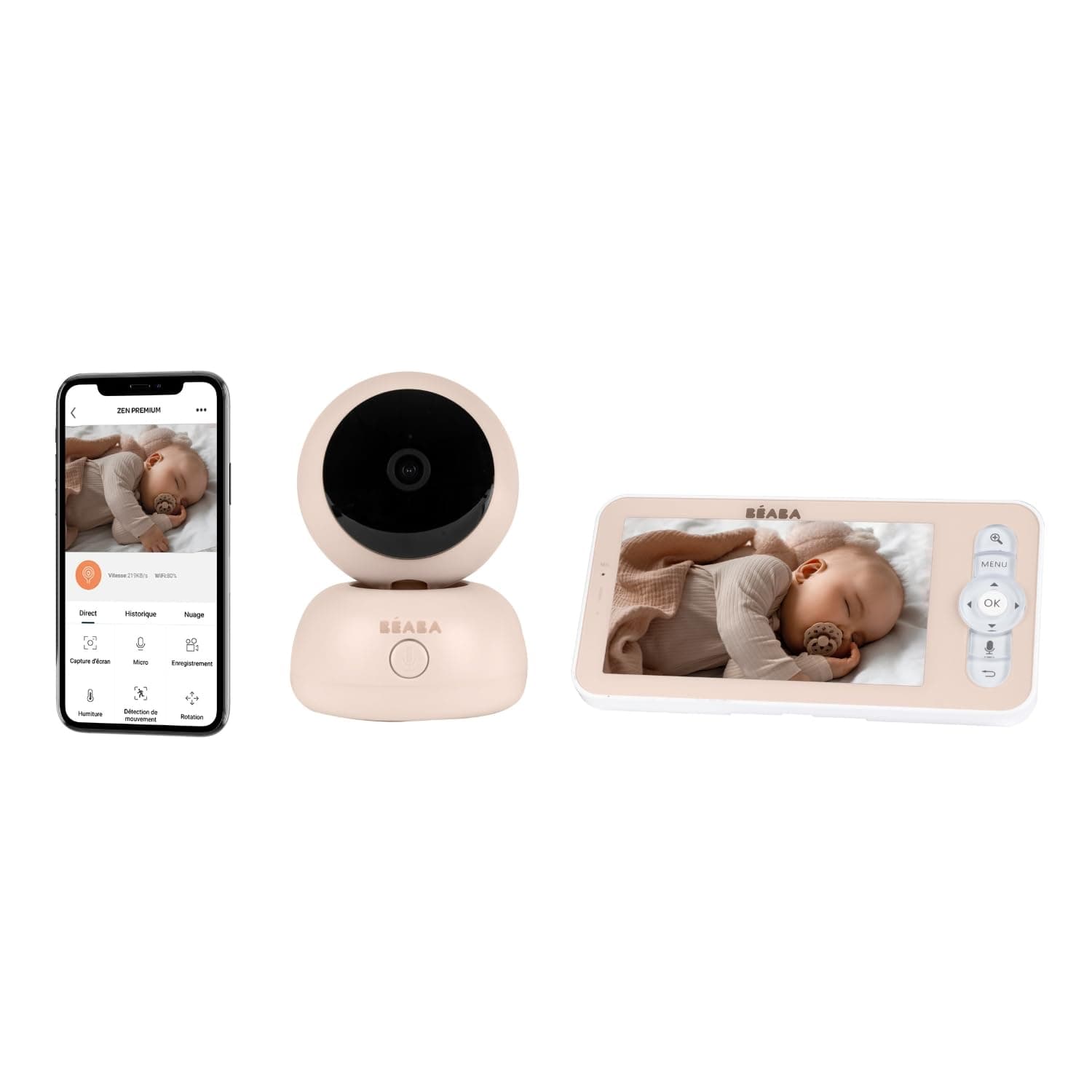 BÉABA, Babyphone, Ecoute Bébé Vidéo 2 en 1, Ecran/Application mobile dédiée, Caméra HD, Rotation à 360°, Vision Nocturne, Talkie Walkie, Berceuses, Contrôle température et humidité, Zen Premium Argile - Image 1