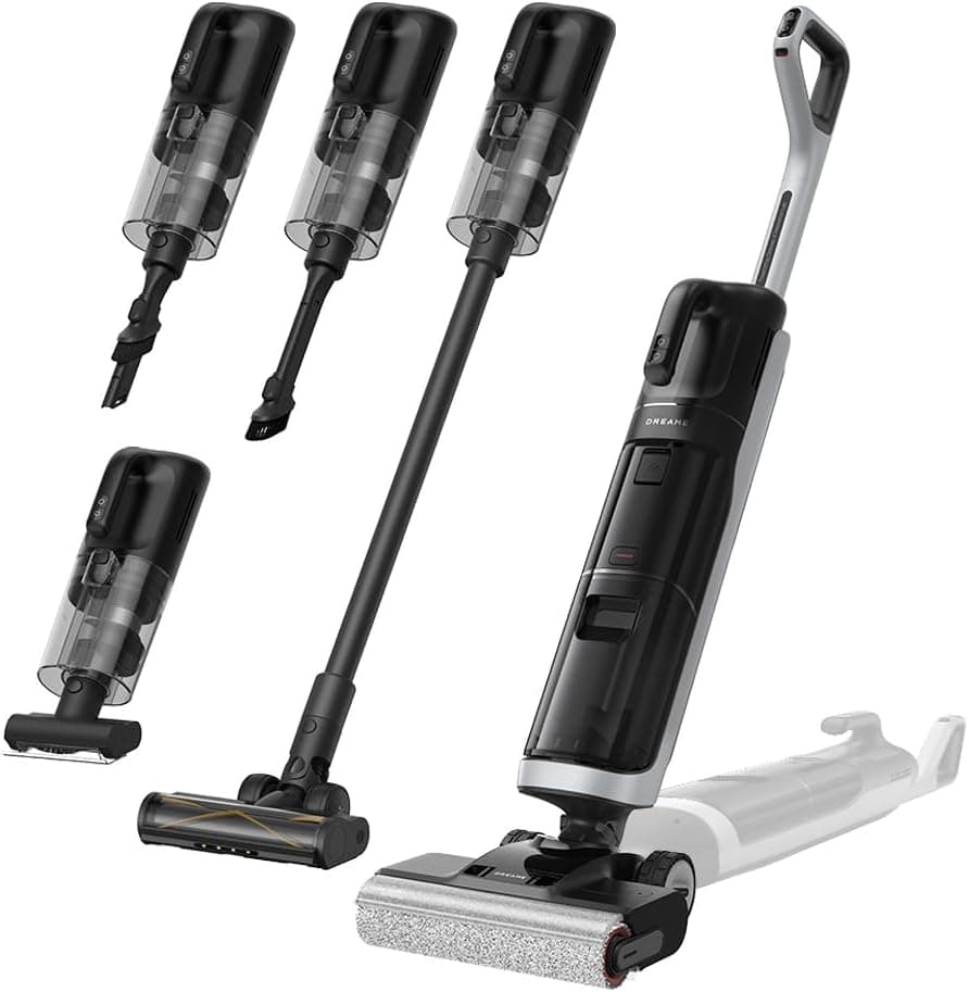 dreame H14 Dual Aspirateur Laveur 5-en-1, à Rapport Intelligent, Modèle à Plat, Lavage à de Brosse à 60 °C, Séchage à 60 °C en 5 Min, GlideWheel, 18 kPa, Racleur Démêlant, Tête de Brosse à LED