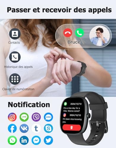 HUAKUA Montre Connectée Homme Femme Smartwatch Appel Bluetooth Notification pour Samsung Xiaomi iPhone Android iOS Montre Sport Podometre Cardiofréquencemètre Oxymetre Multisport Etanche IP68 Noir - Image 4