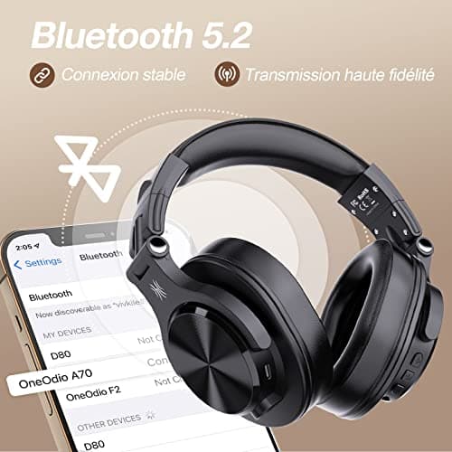 OneOdio Casque Bluetooth sans Fil BT5.2 avec 72 Heures A70, Réduction de Bruit CVC 8.0, 3 Câbles, Léger Confortable, Pliable, Partage de Musique, Compatible Téléphone, DJ, Piano, Guitare (Noir) - Image 6
