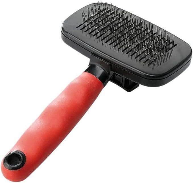 Ferplast Self Cleaning Brush for Dogs - Medium to Long Bristles - Push System - Angled Bristles & Rounded Stainless Steel Heads - Ergonomic Handle - Size M, Red - Image 1