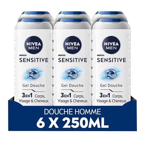 NIVEA MEN Gel Douche Sensitive (lot 6 x 250 ml) — Soin lavant enrichi à l'extrait de Bambou — Gel douche homme 3 EN 1 — Soin nettoyant doux Corps Visage & Cheveux pour les peaux sensibles - Image 3